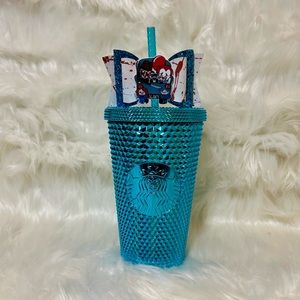 Studded Blue Starbucks Cup with Scary Movie Bow Topper